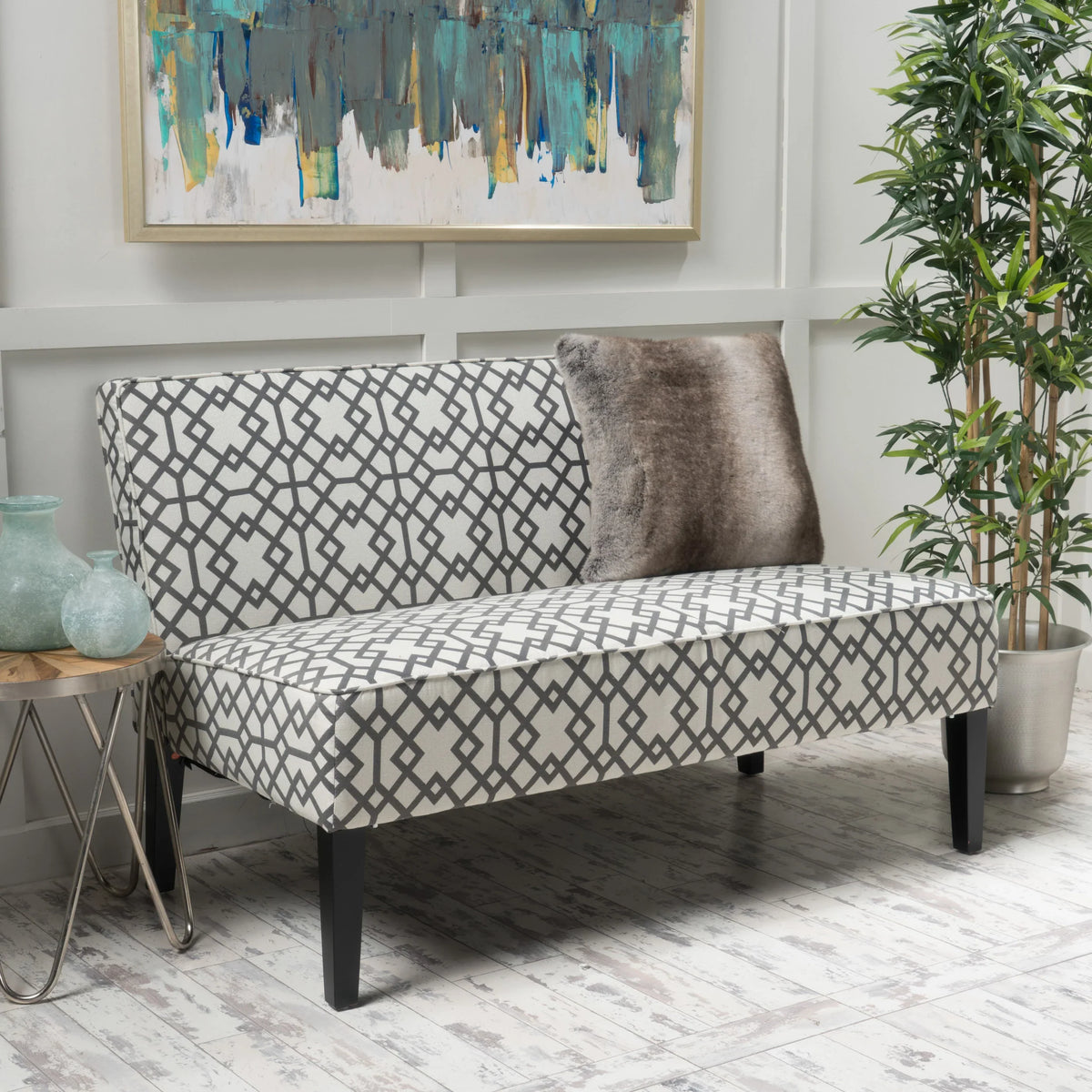 Elegant Two Seat Couch with Geometric Upholstery