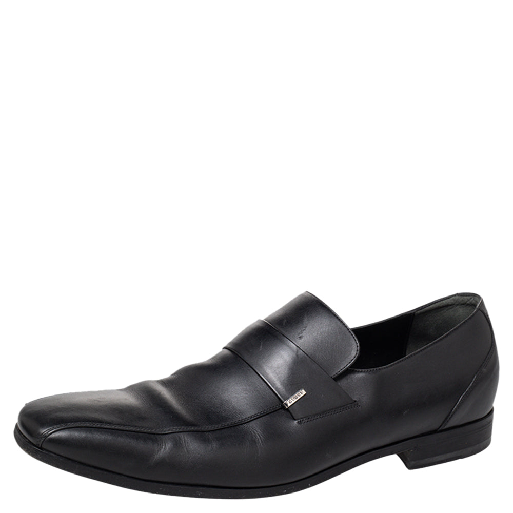 Gucci Black Leather Slip On Loafers Size 45
