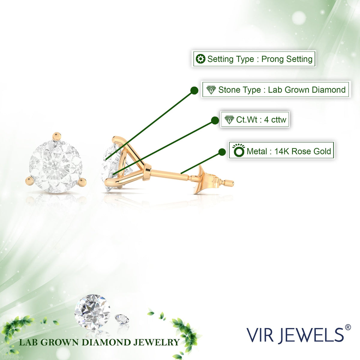4 cttw Lab Grown Diamond Stud Earrings in 14K Gold With Push Backs For Women