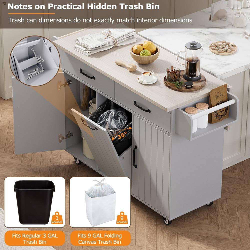 Kitchen Prep Island with Drop Leaf Table, Trash Storage, and Utility Drawer