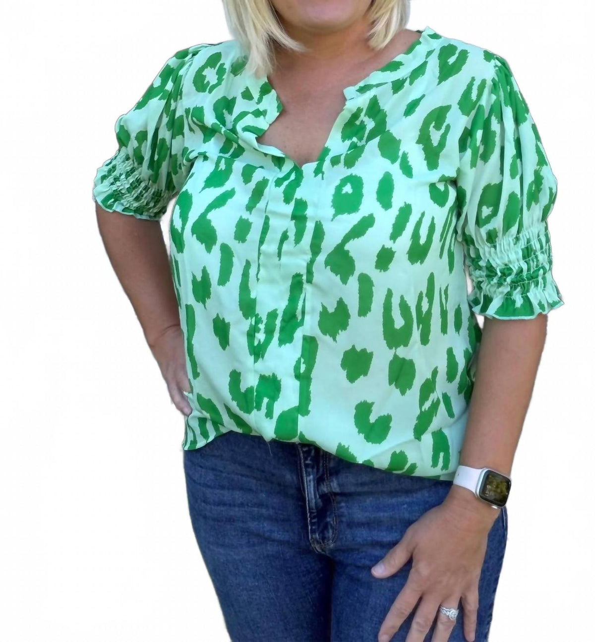 Wild Side Smocked Sleeve Top In Sage/green