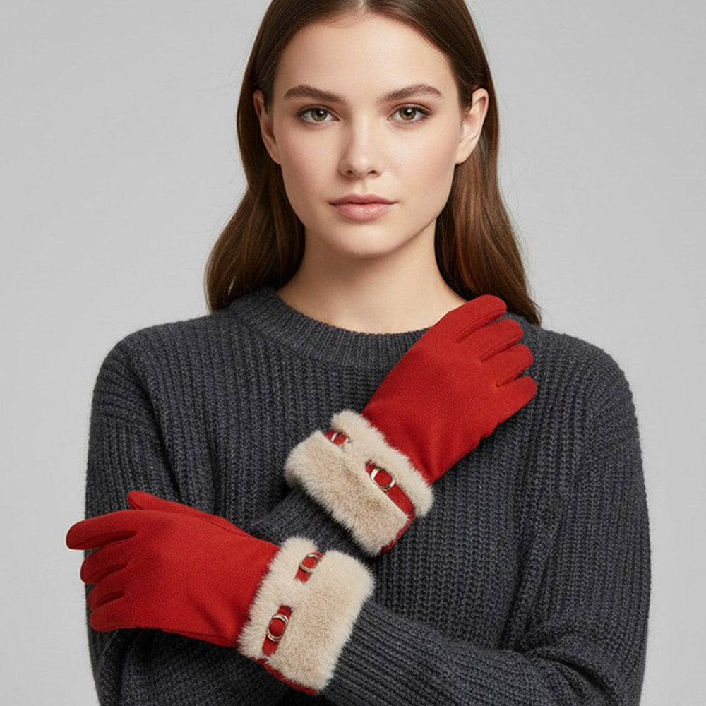Belt Accent Faux Fur Cuff Trim Smart Touch Gloves