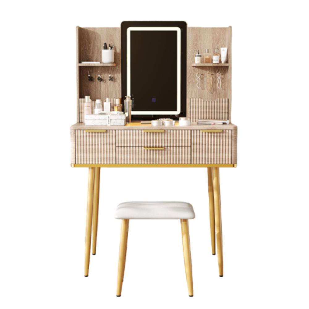 Carved Makeup Desk with Metal Legs and Cushioned Stool