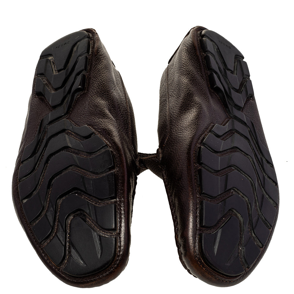 Gucci Brown Leather Web Detail Slip-On Loafers Size 43