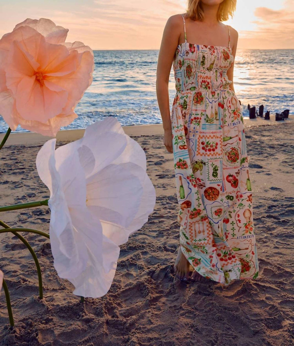 Vacation Floral Smocked Maxi Dress In White Multi