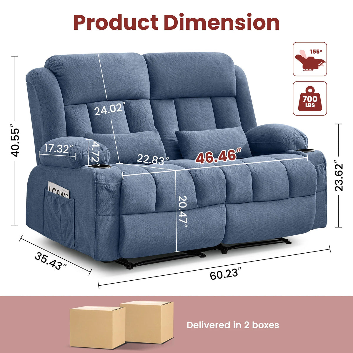 Dual-Seater Reclining Couch with Side Pockets and Convenient Drink Holders
