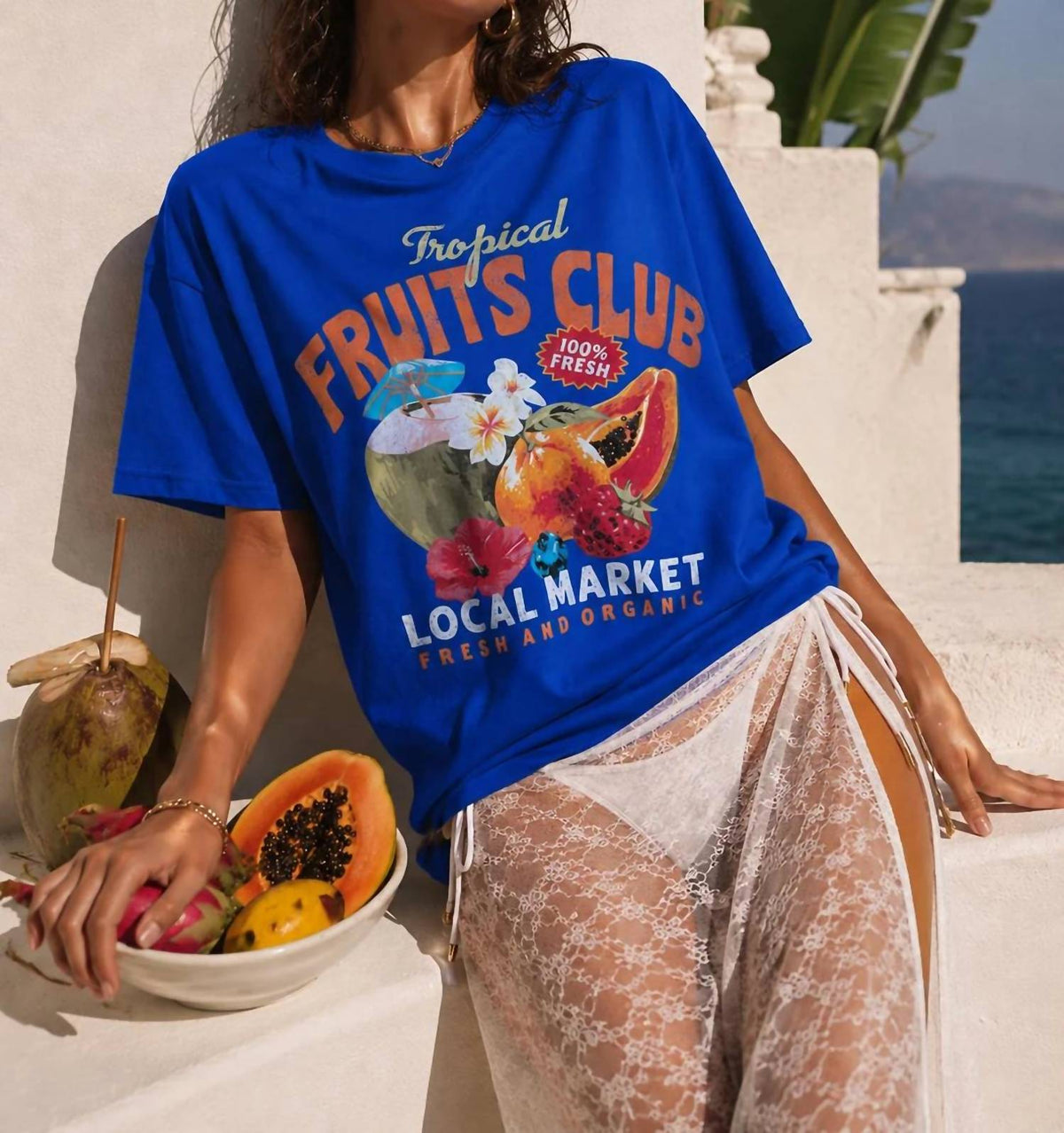 Tropical Fruits Club Graphic Tee In Electric Blue
