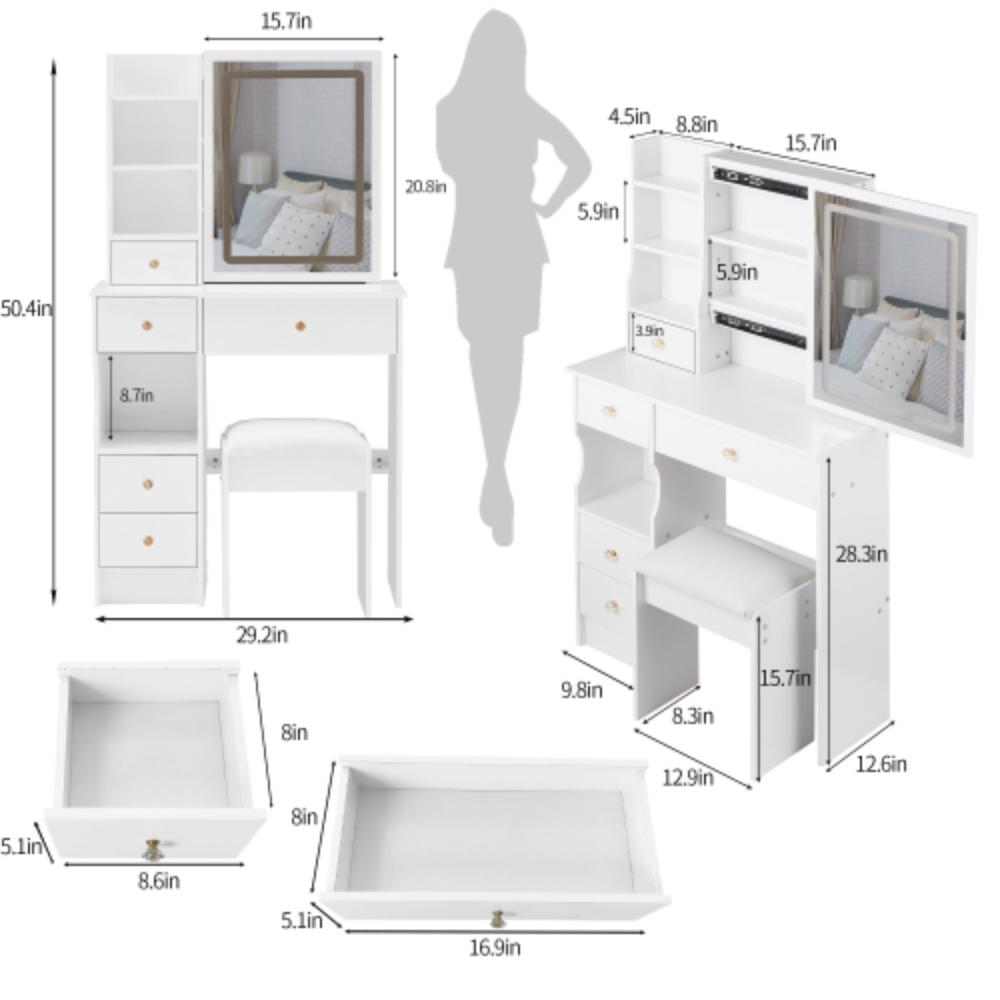 Compact Vanity Desk with Touch-Control LED Mirror and Stool
