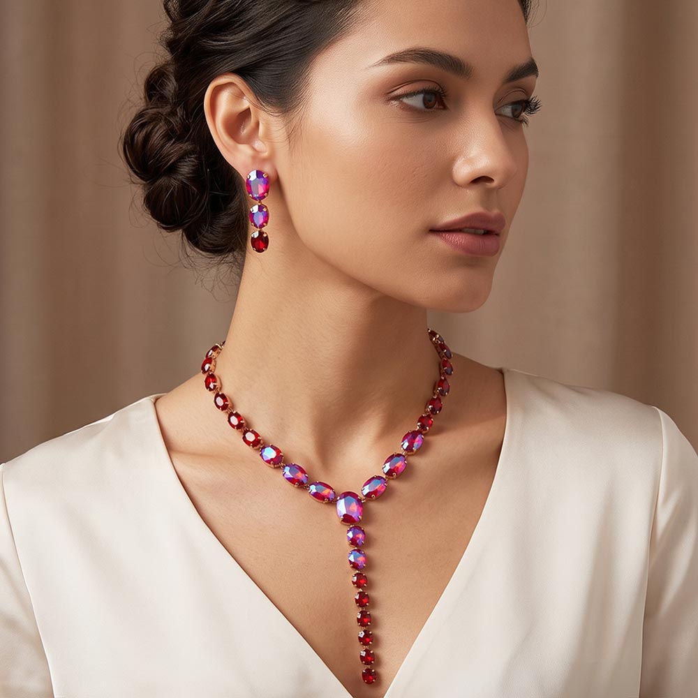 Faceted Oval Gem Link Y Drop Statement Necklace