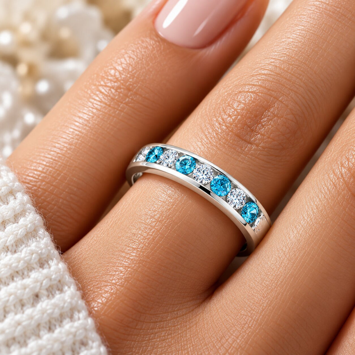 1/4ct Blue & White Diamond Wedding Ring 14K White Gold Size Selectable