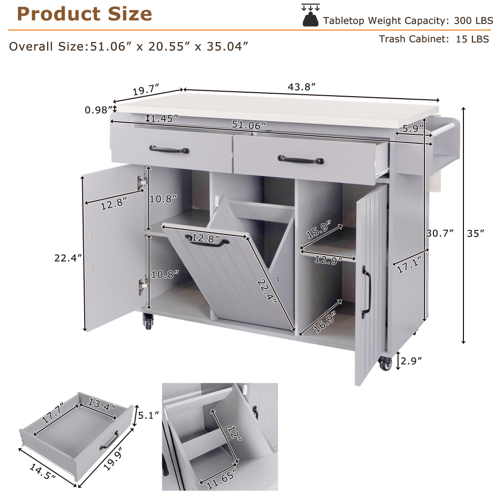 Kitchen Prep Island with Drop Leaf Table, Trash Storage, and Utility Drawer