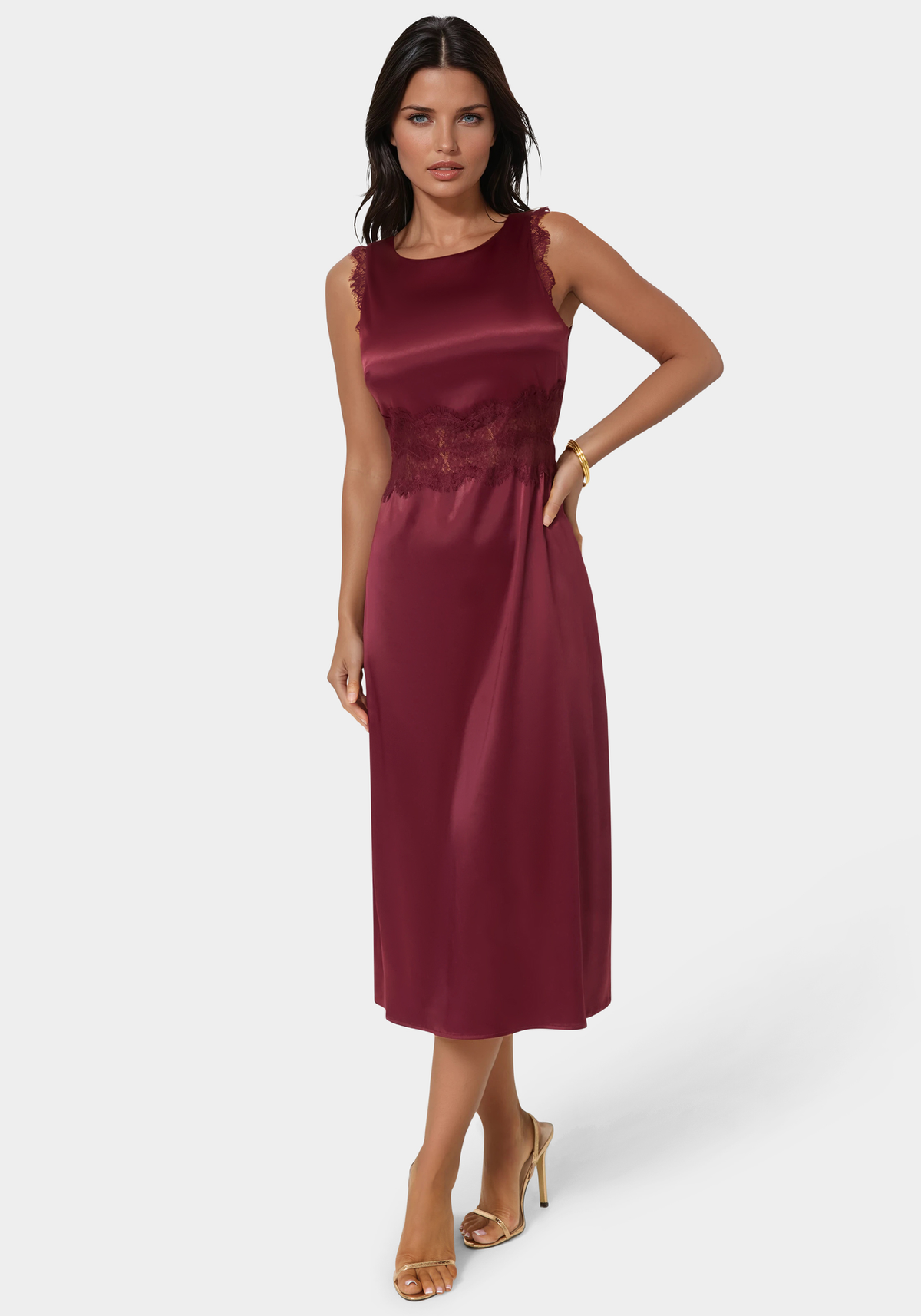 Satin Lace Insert Midi Dress