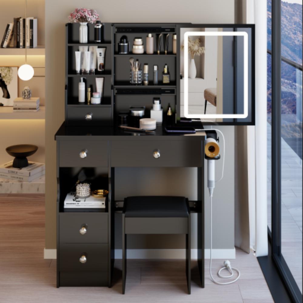 Modern Vanity Desk with Cushioned Stool and LED Mirror