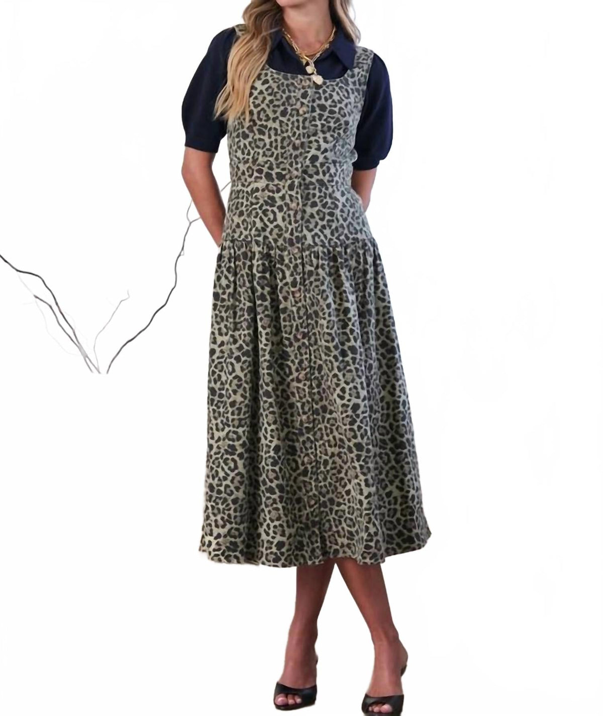 Sleeveless Bodice Midi Dress In Olive Green Leopard
