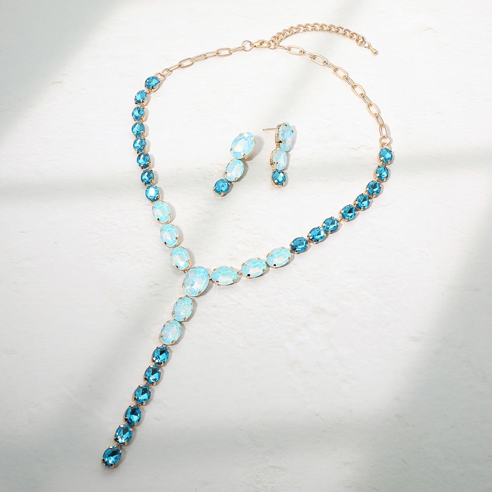 Faceted Oval Gem Link Y Drop Statement Necklace