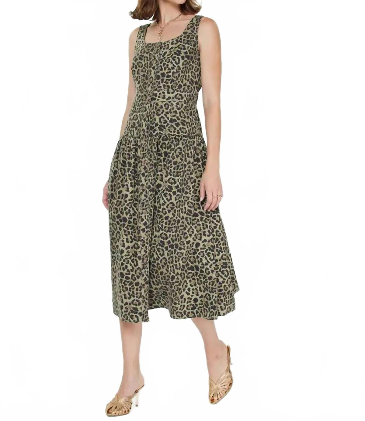 Sleeveless Bodice Midi Dress In Olive Green Leopard