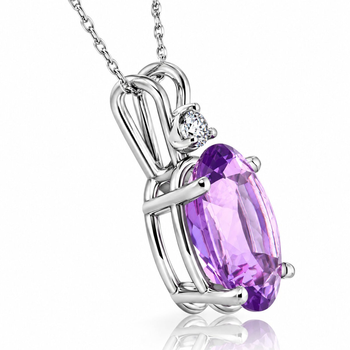 14x10mm Oval Amethyst Diamond 10k White Gold Pendant Women's Necklace 18"