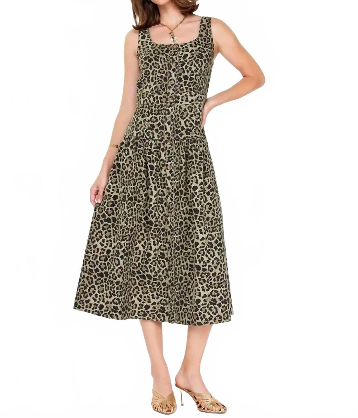 Sleeveless Bodice Midi Dress In Olive Green Leopard