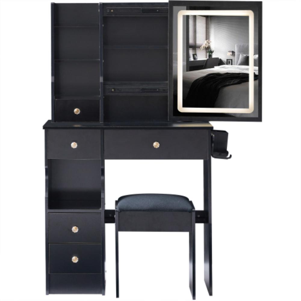Modern Vanity Desk with Cushioned Stool and LED Mirror