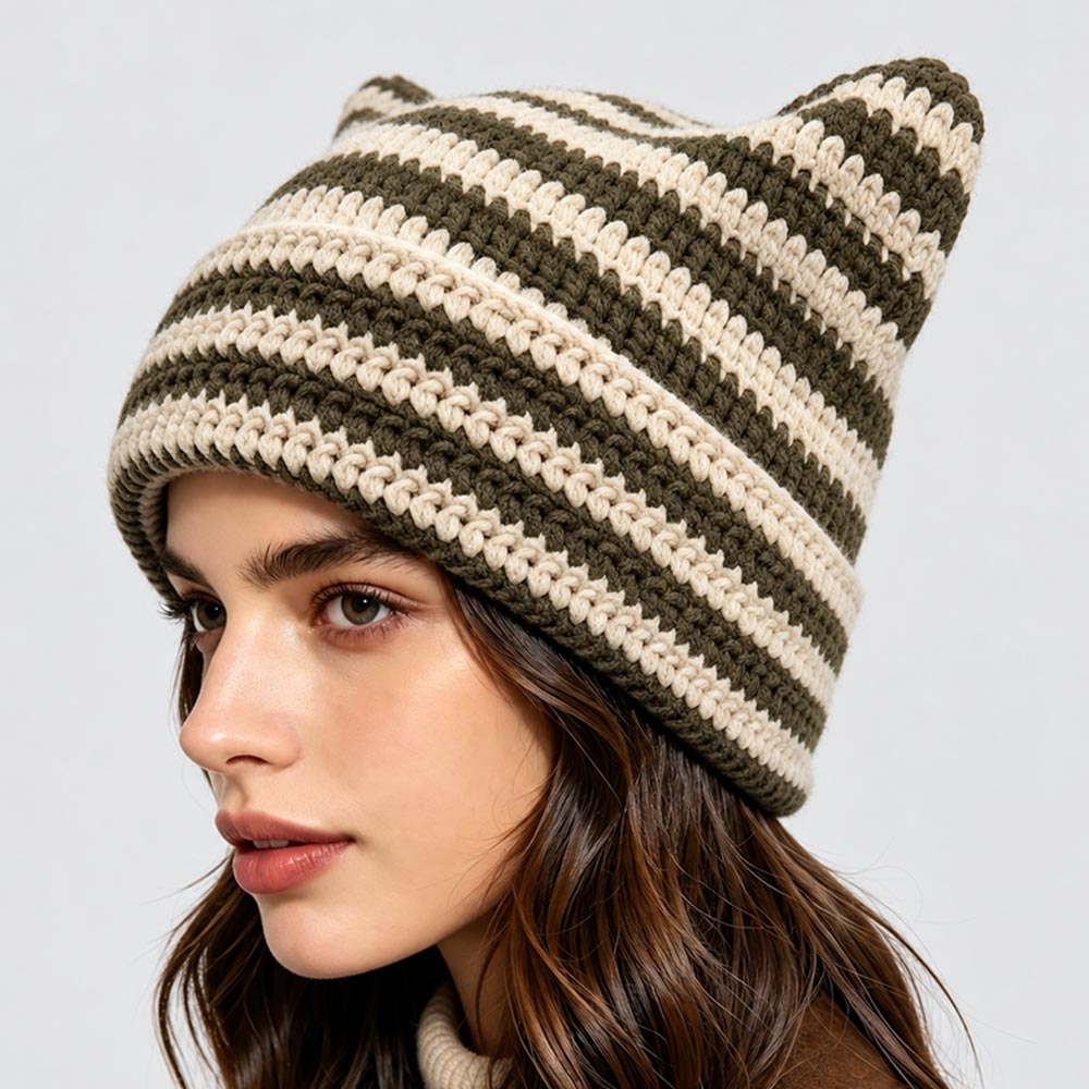 Striped Crochet Cat Ear Winter Beanie Hat