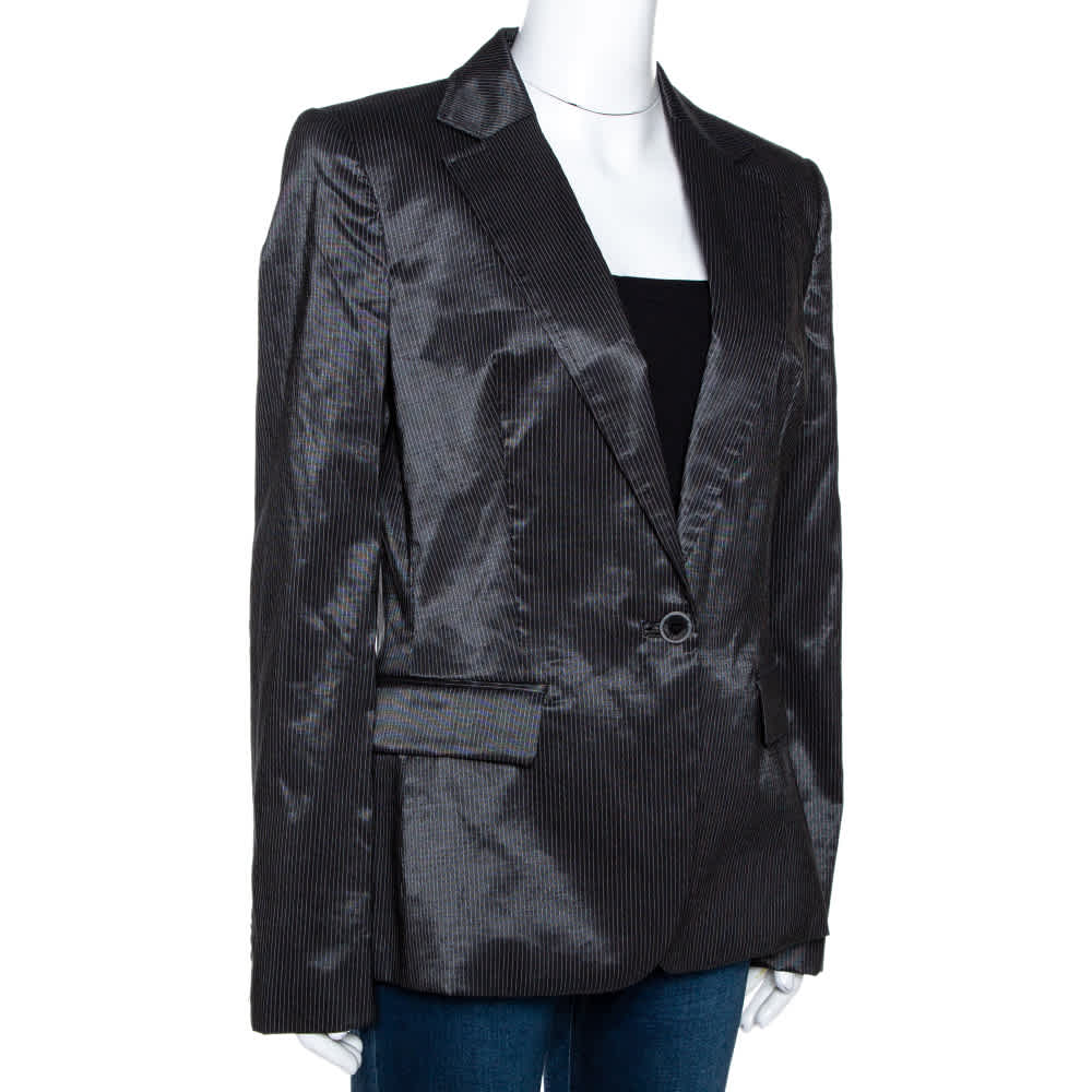 Just Cavalli Black Striped Cotton Ramie Blend Single Buttoned Blazer L