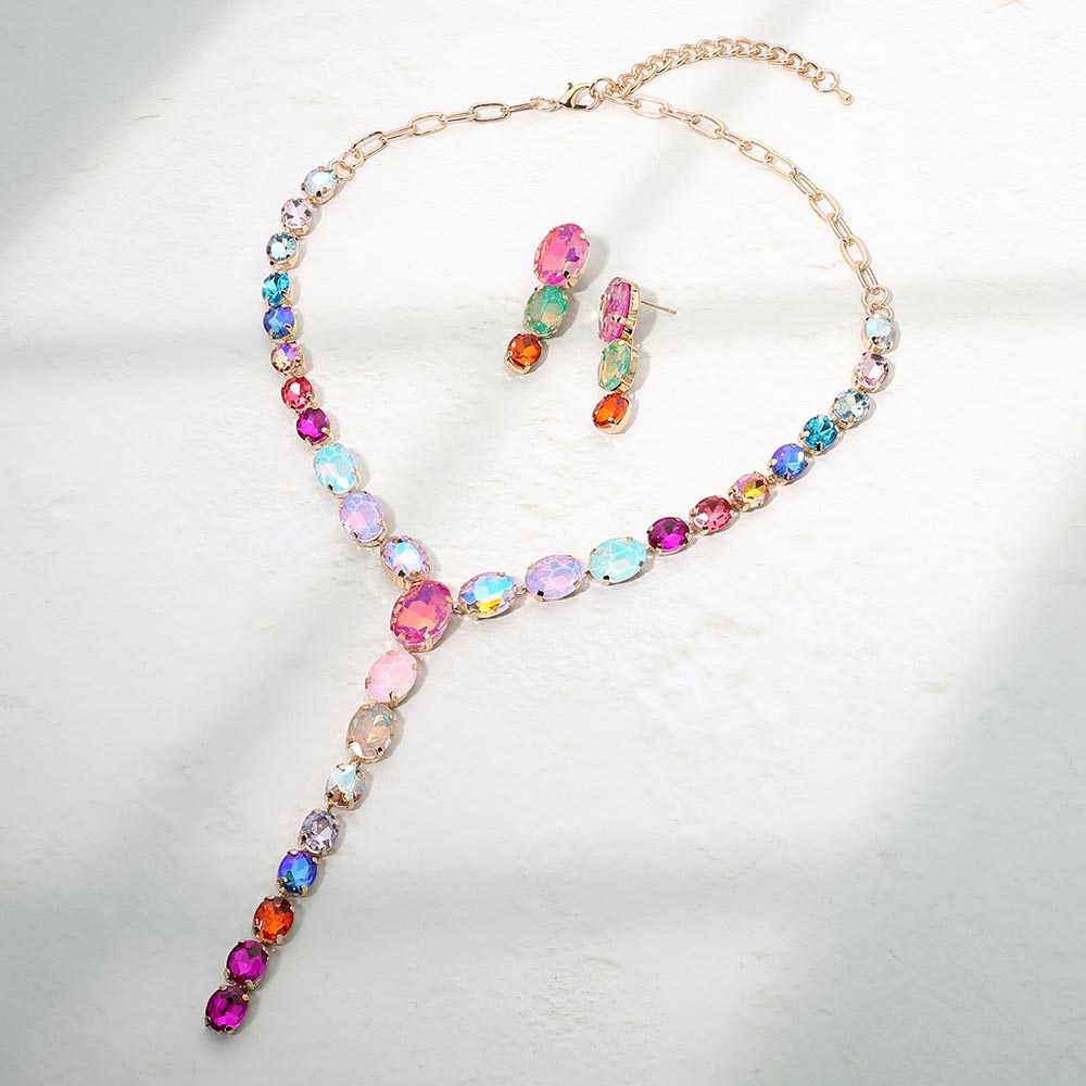 Faceted Oval Gem Link Y Drop Statement Necklace