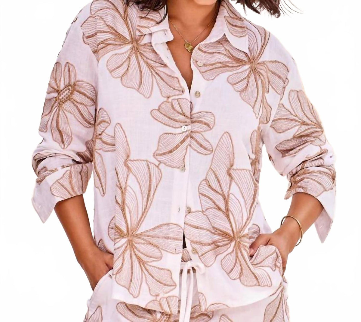 Beachin Button Front Blouse In White Multi