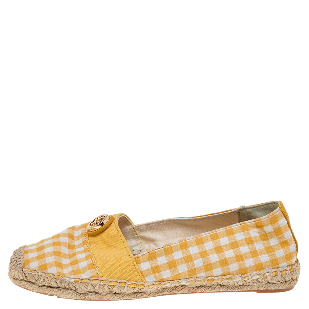 Tory Burch Yellow/White Gingham Fabric And Canvas Espadrille Flats Size 37.5