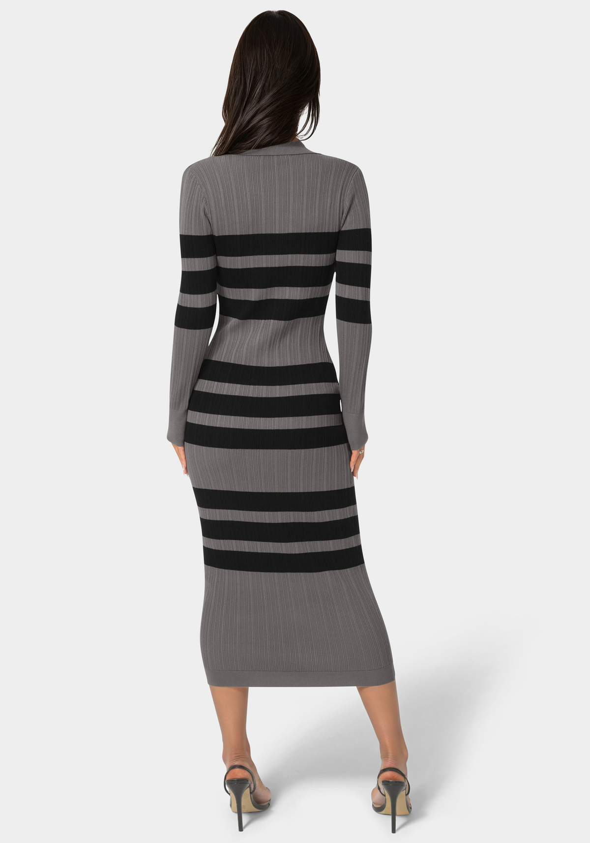 Long Sleeve Collar Striped Knit Dress