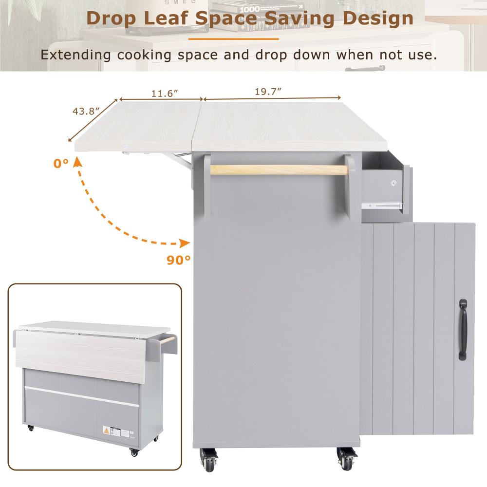Kitchen Prep Island with Drop Leaf Table, Trash Storage, and Utility Drawer