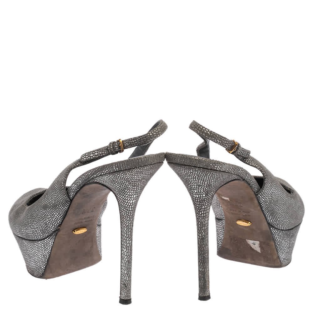 Sergio Rossi Grey/Silver Suede Cachet Peep Toe Platform Slingback Sandals Size 37.5