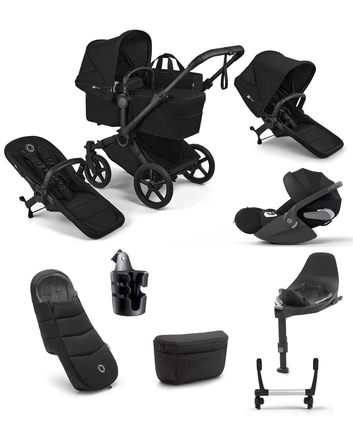 Bugaboo Donkey 6 Double Ultimate Pushchair Bundle With Cybex Cloud T Plus i-Size Rotating Baby Car Seat & Base (8 Pieces) - Heritage Black