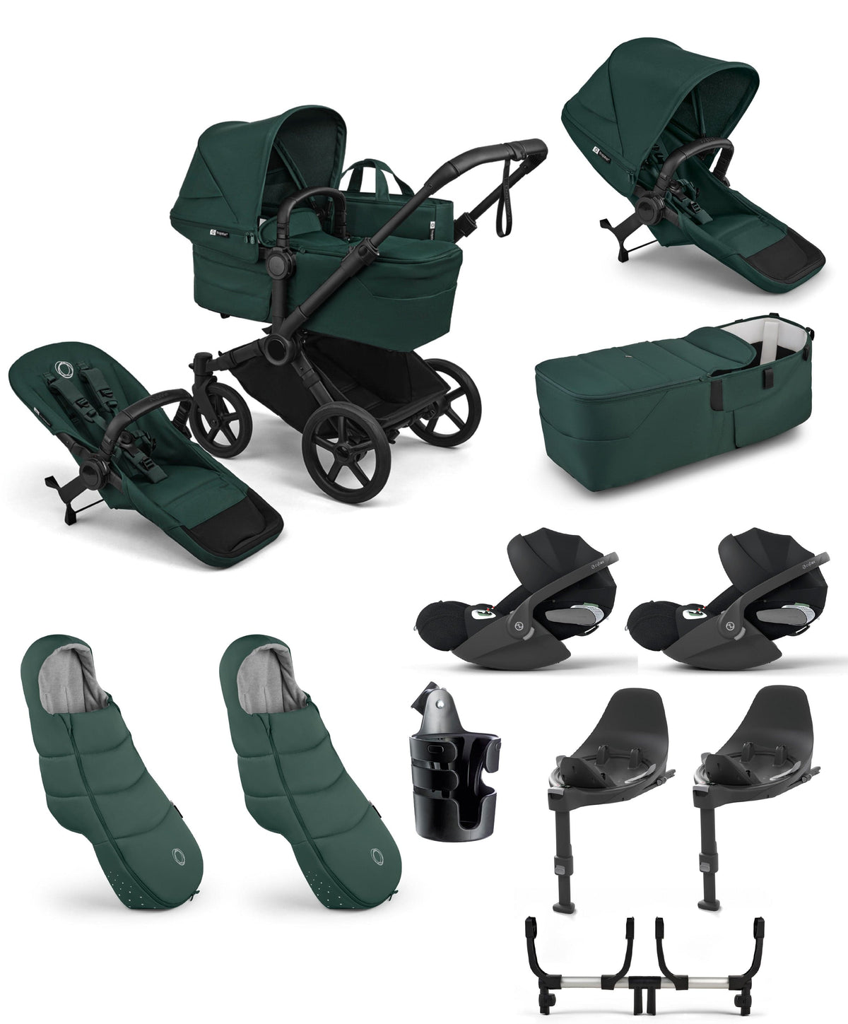Donkey 6 Twin Essential Bundle With Cybex Cloud T Plus i-Size Rotating Baby Car Seat (10 Pieces) - Fern Green