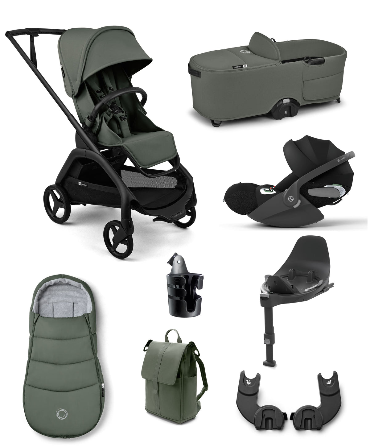 Bugaboo Dragonfly Plus Ultimate Pushchair Bundle with Cybex Cloud T i-Size Plus Rotating Baby Car Seat & Base (8 Pieces) - Forrest Green