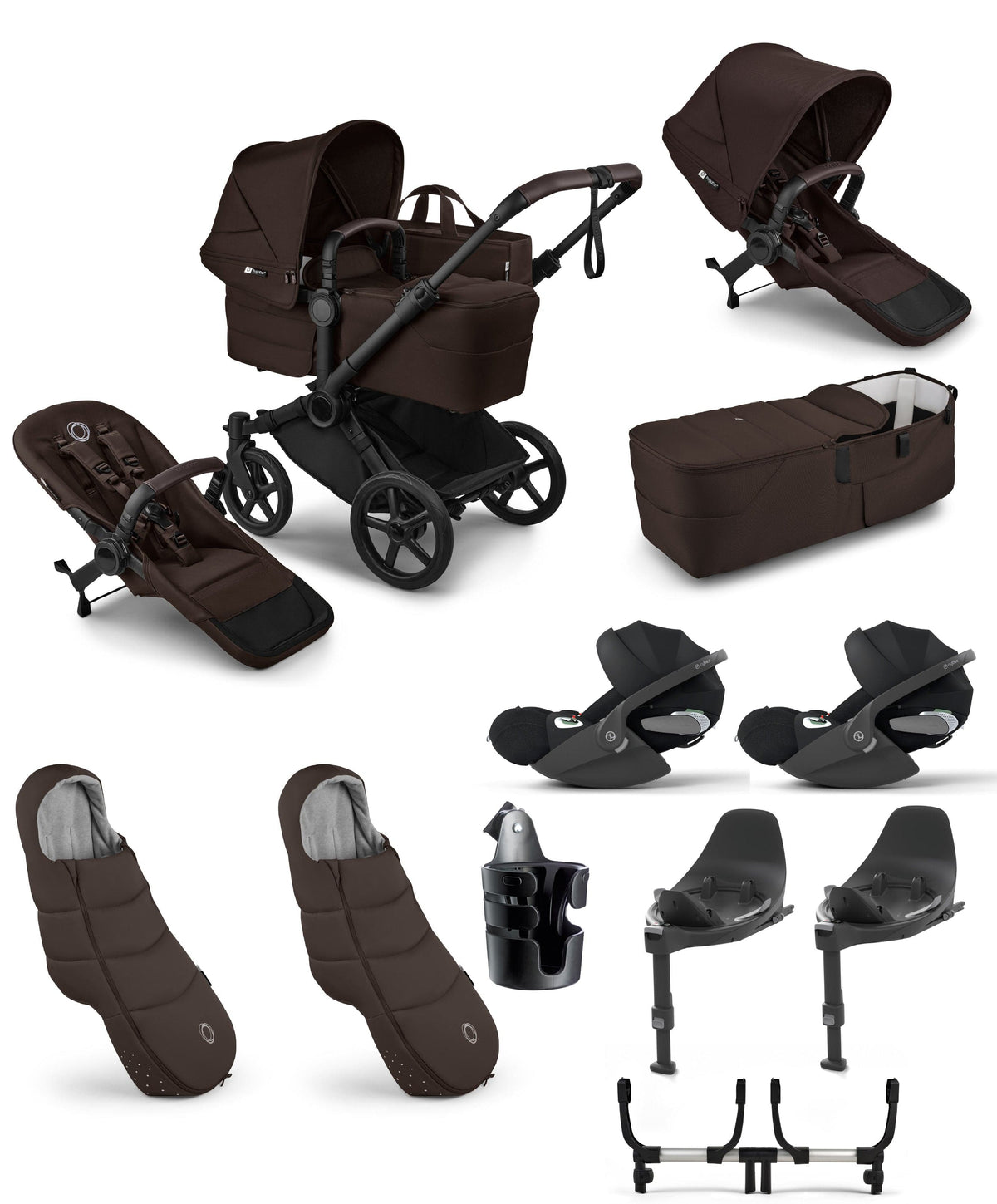 Donkey 6 Twin Essential Pushchair Bundle With Cybex Cloud T Plus i-Size Rotating Baby Car Seat (10 Pieces) - Cocoa Brown