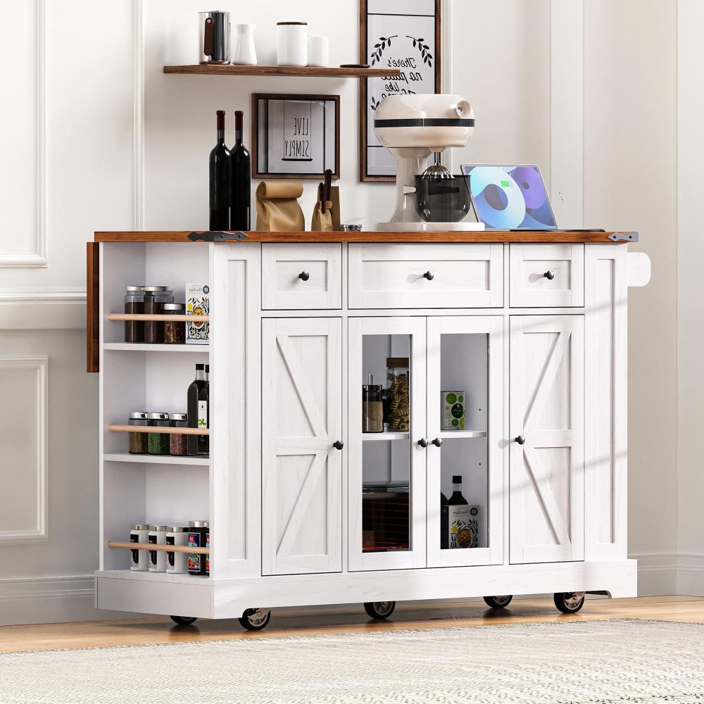 Farmhouse Kitchen Prep Island with Glass Cabinet Doors, Power Outlet, and Open Shelving