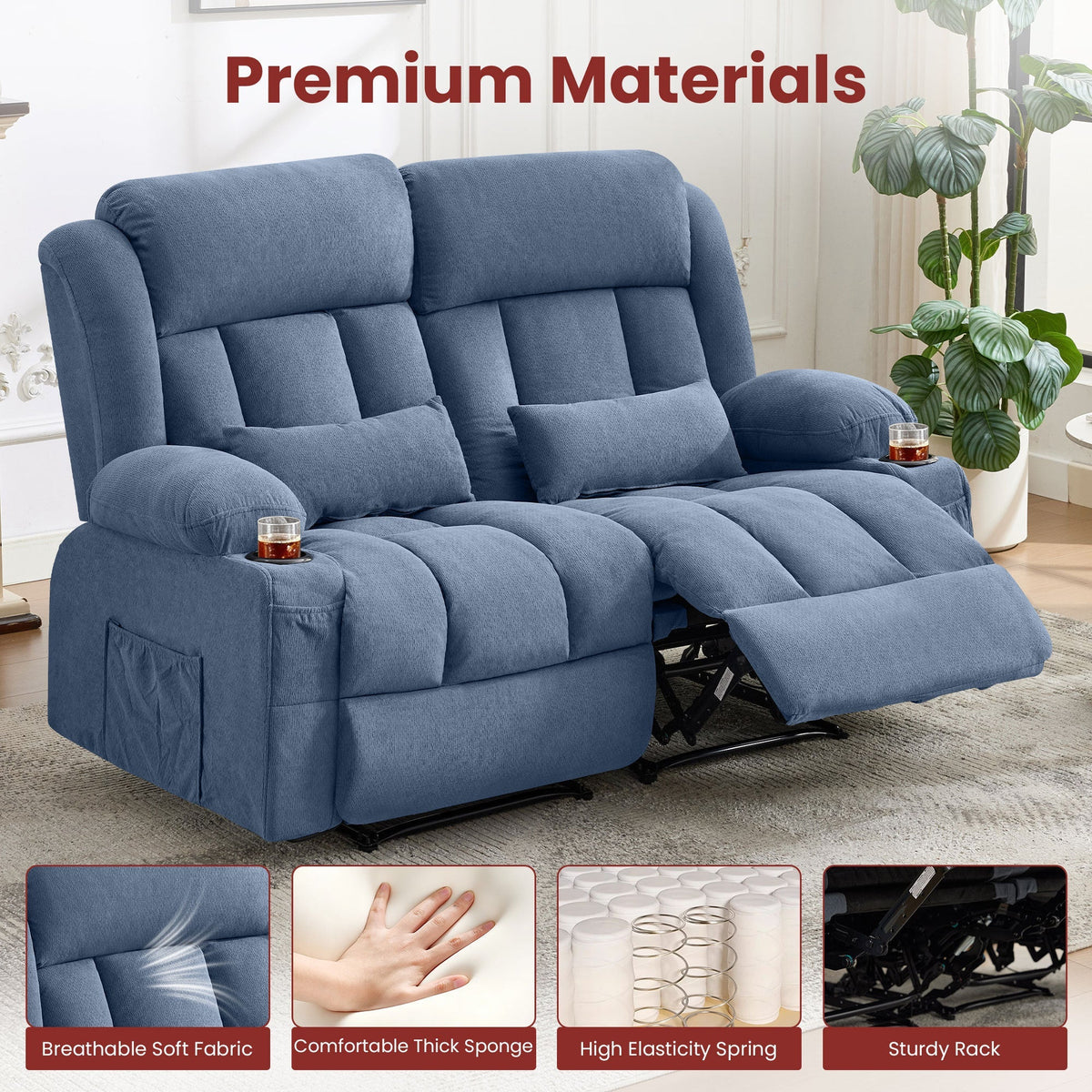 Dual-Seater Reclining Couch with Side Pockets and Convenient Drink Holders