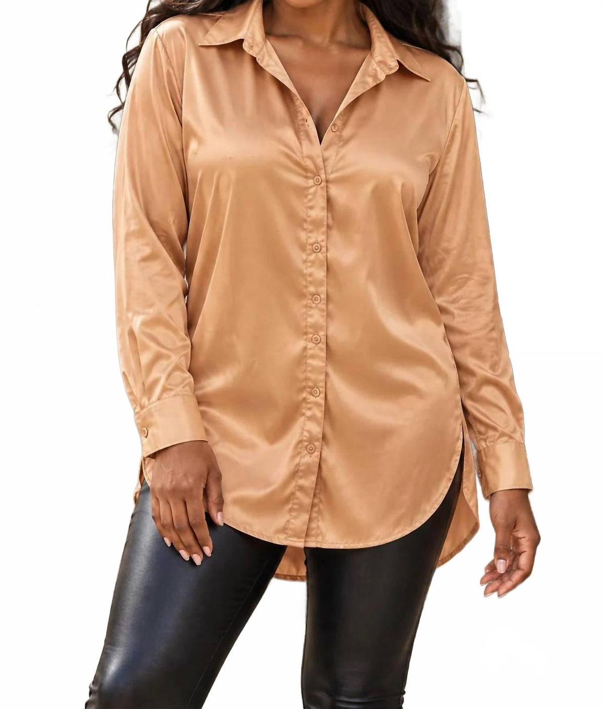 Women's Classic Satin Button Down Shirt In Tan