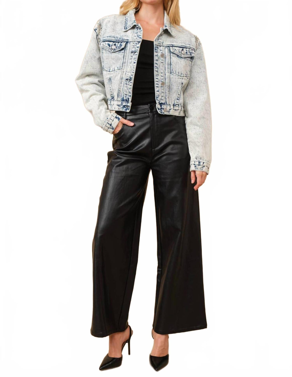 Acid Washed Shoulder Beading Denim Jacket In Light Wash