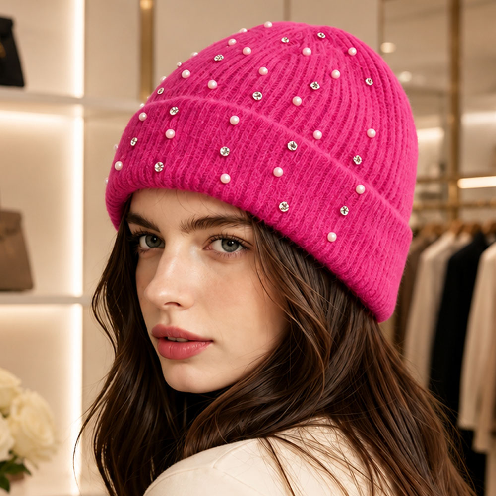 Pearl Rhinestone Embellished Ribbed Knit Winter Beanie Hat