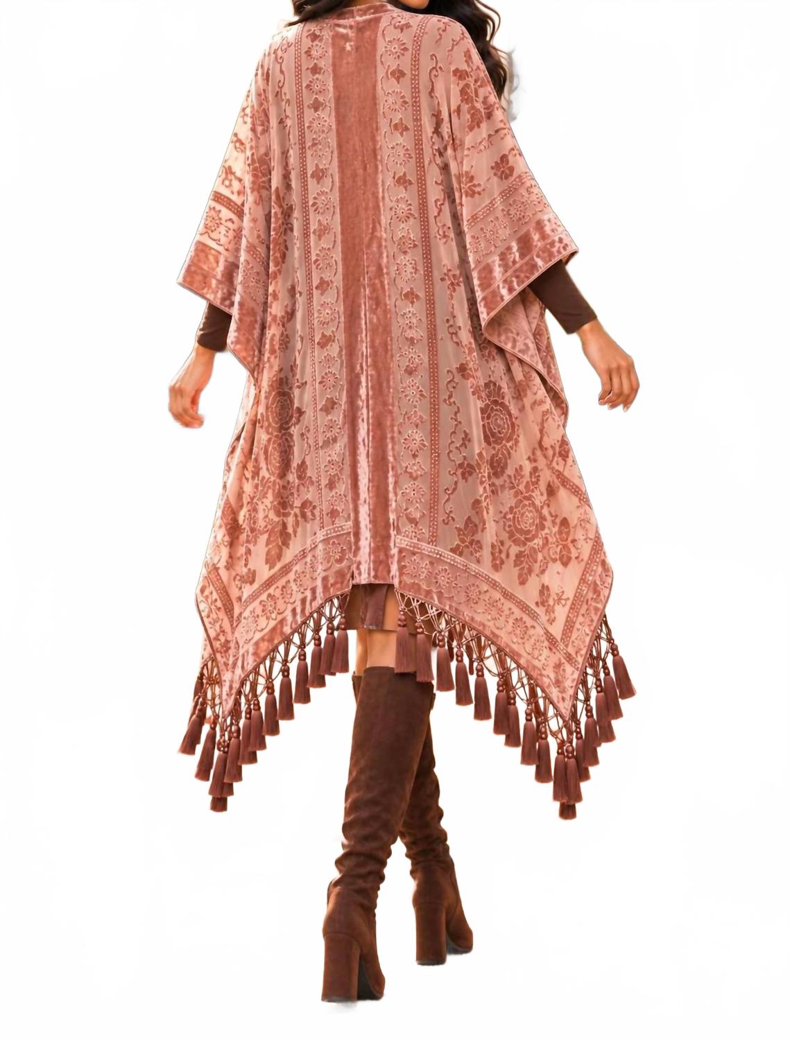 Women's Velvet Burnout Tassel Kimono In Rose