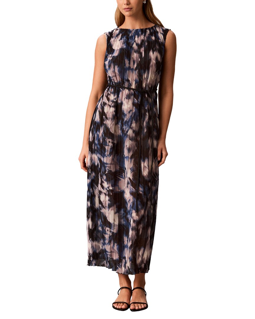 Calvin Klein Belted Pleated Boat Neck Long Midi Dress