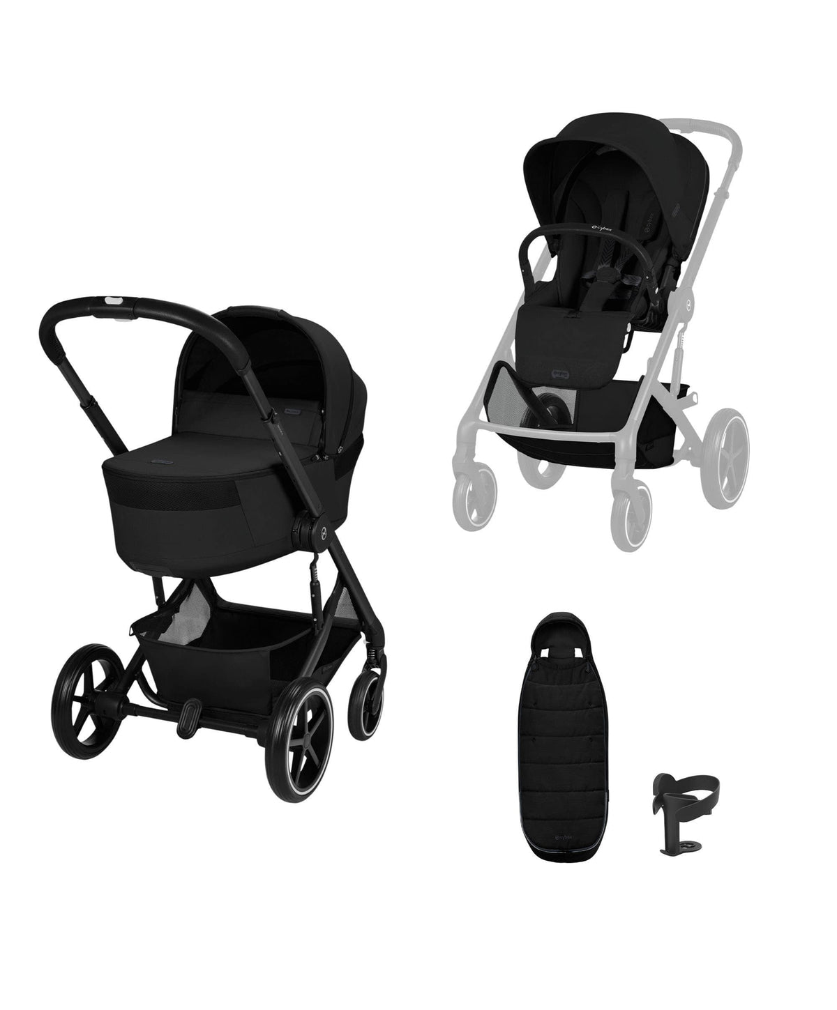 Cybex Balios S Lux + Folding Carrycot Bundle – Moon Black