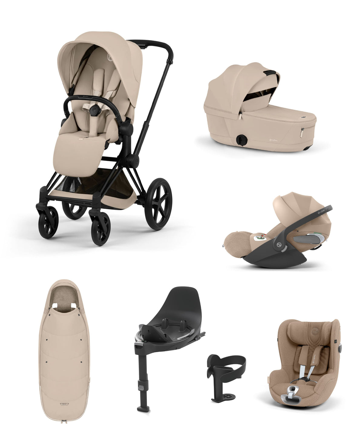 Cybex Priam Ultimate Pushchair Bundle With Cybex Cloud T Plus & Cybex Sirona T I-Size Plus Car Seat & Base - Black/Cozy Beige