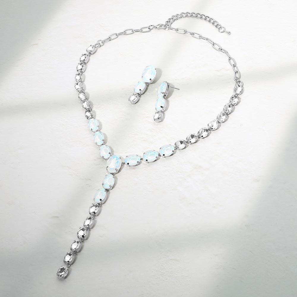 Faceted Oval Gem Link Y Drop Statement Necklace