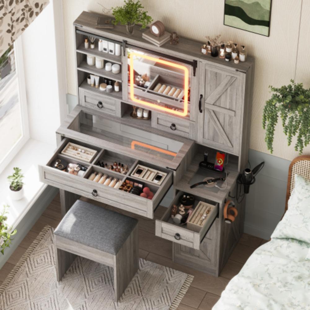 Farmhouse Makeup Desk with Side Hooks and Cup Holder