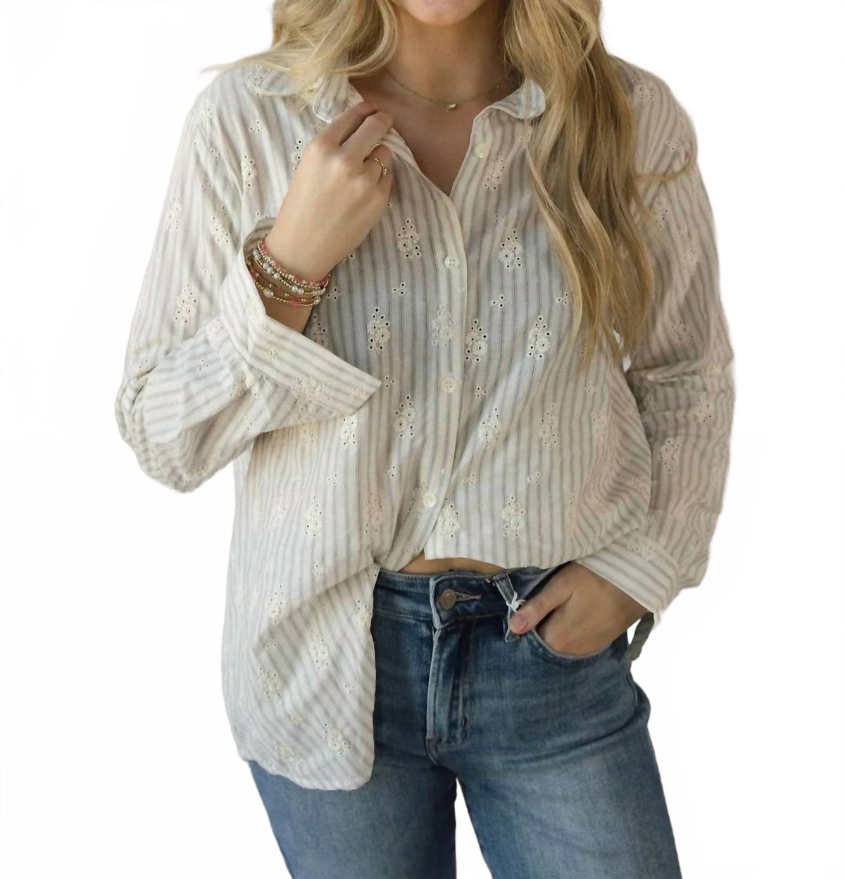 Lizzie Eyelet Stripe Button Up Shirt In Natural