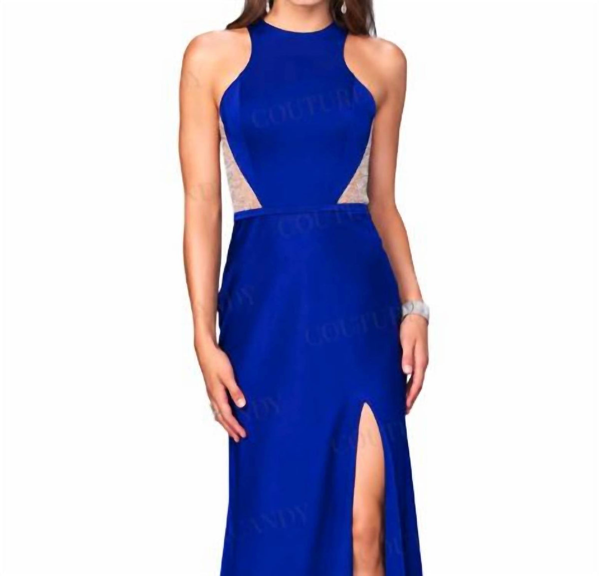 Halter Neck Hour Glass Illusion Prom Maxi Dress In Sapphire Blue