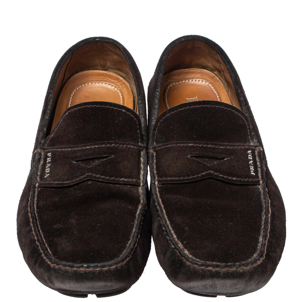 Prada Brown Suede Penny Slip On Loafers Size 43.5
