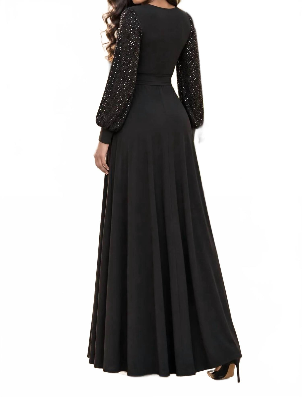 Women's Sequin Balloon Sleeve Wrap Maxi Dress In Black
